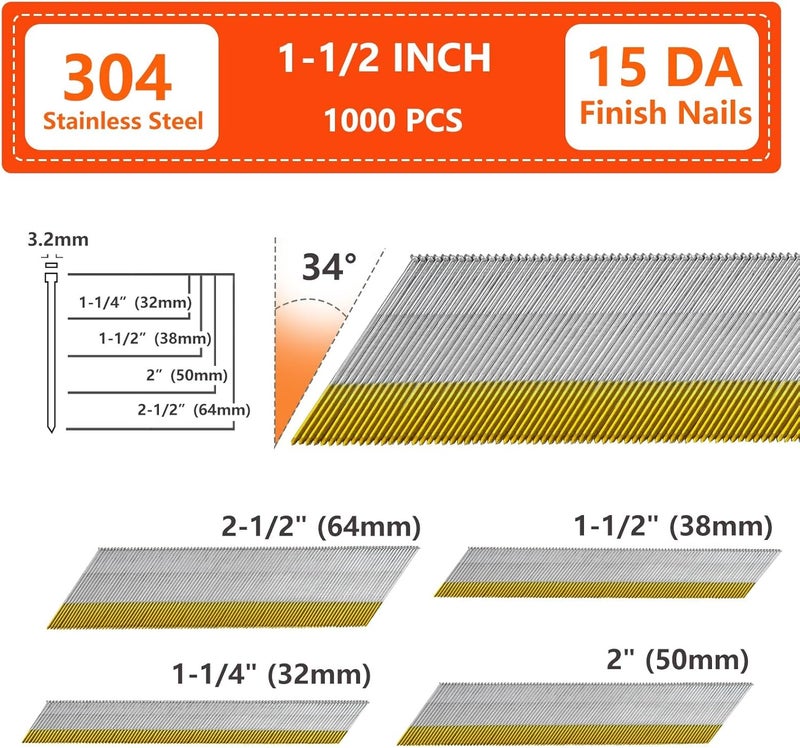 SITLDY 15 Gauge 304 Stainless Steel DA Angled Finish Nails, 34-Degree 1-1/2 Inch 1000-Pack for Pneumatic, Electric Angled Finish Nailer - Image 2